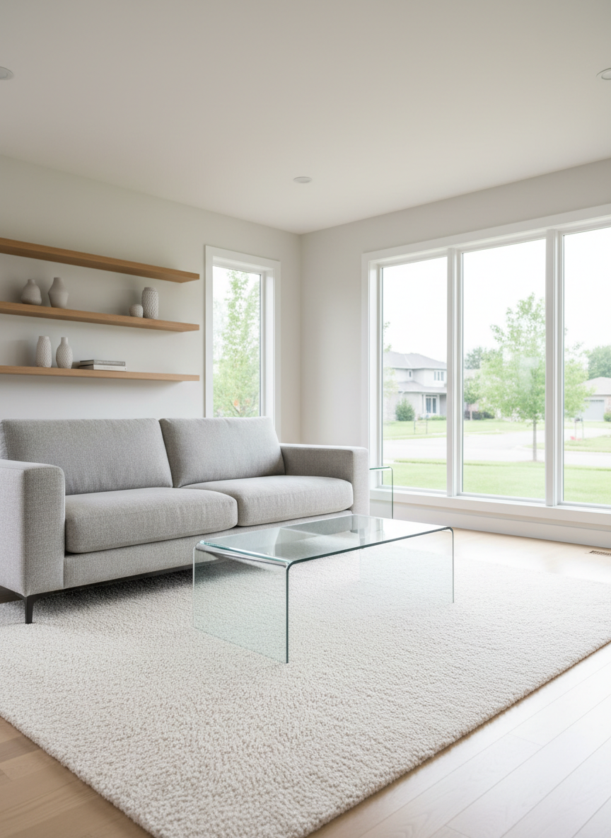 A spotless, modern living room with a freshly cleaned light-grey fabric sofa, gleaming glass coffee table, and dust-free oak shelves, every surface immaculate. The carpet fibers look fluffed and renewed, with no stains or debris, and the windows in the background are crystal clear, showing a soft, out-of-focus suburban street. Natural daylight pours in through the large windows, creating gentle, diffused reflections on the polished floor. Shot at eye level with a wide-angle lens, sharp focus throughout, emphasizing order and hygiene. The mood is calm, professional, and welcoming, with photographic realism and a clean, contemporary aesthetic that conveys the results of high-quality home cleaning services.