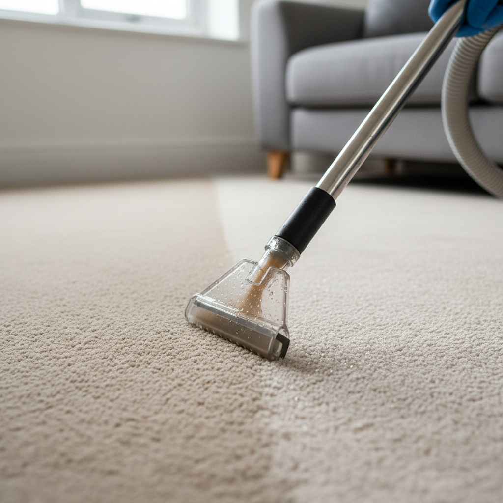 A close-up, photographic view of a professional carpet deep-cleaning scene, showing the nozzle of a stainless-steel extraction machine gliding over a light beige carpet. One side of the carpet appears slightly dull and stained, while the freshly cleaned side is noticeably brighter and fluffier, with moisture beads catching the light. The tool’s transparent suction head reveals dirty water being pulled away. The setting is a tidy UK home interior with skirting boards and a blurred sofa in the background. Soft, overcast daylight from a nearby window creates even illumination and subtle shadows. Captured from a low, side angle with shallow depth of field, the mood is efficient, technical, and reassuring, emphasizing professional-grade results.