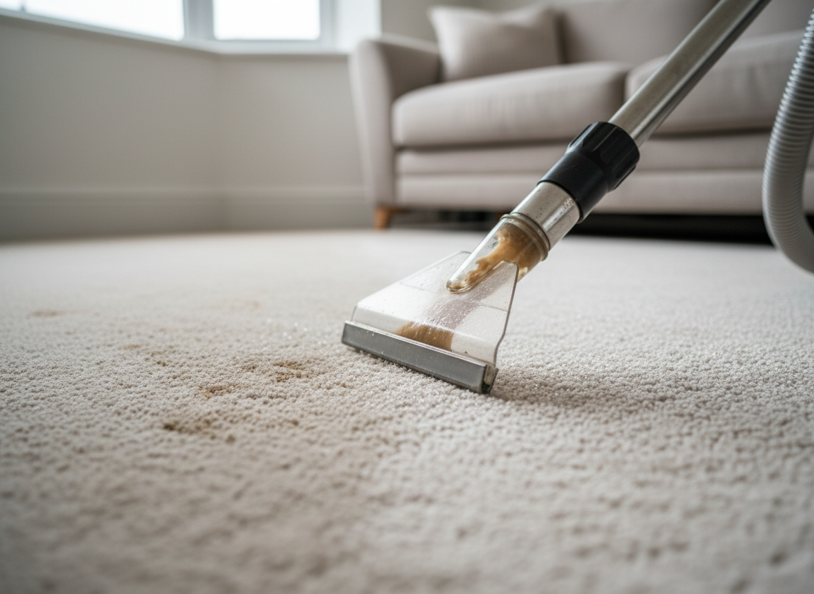 A close-up, photographic view of a professional carpet deep-cleaning scene, showing the nozzle of a stainless-steel extraction machine gliding over a light beige carpet. One side of the carpet appears slightly dull and stained, while the freshly cleaned side is noticeably brighter and fluffier, with moisture beads catching the light. The tool’s transparent suction head reveals dirty water being pulled away. The setting is a tidy UK home interior with skirting boards and a blurred sofa in the background. Soft, overcast daylight from a nearby window creates even illumination and subtle shadows. Captured from a low, side angle with shallow depth of field, the mood is efficient, technical, and reassuring, emphasizing professional-grade results.