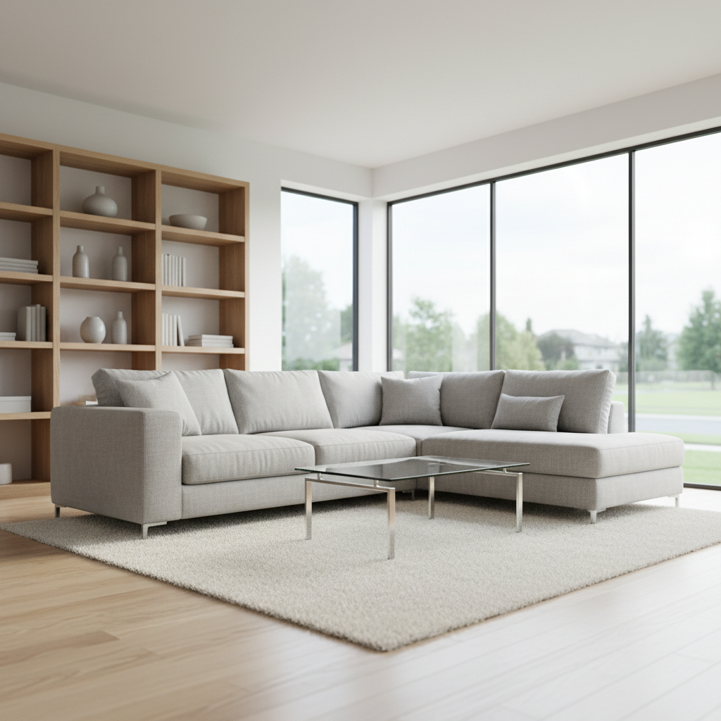 A spotless, modern living room with a freshly cleaned light-grey fabric sofa, gleaming glass coffee table, and dust-free oak shelves, every surface immaculate. The carpet fibers look fluffed and renewed, with no stains or debris, and the windows in the background are crystal clear, showing a soft, out-of-focus suburban street. Natural daylight pours in through the large windows, creating gentle, diffused reflections on the polished floor. Shot at eye level with a wide-angle lens, sharp focus throughout, emphasizing order and hygiene. The mood is calm, professional, and welcoming, with photographic realism and a clean, contemporary aesthetic that conveys the results of high-quality home cleaning services.