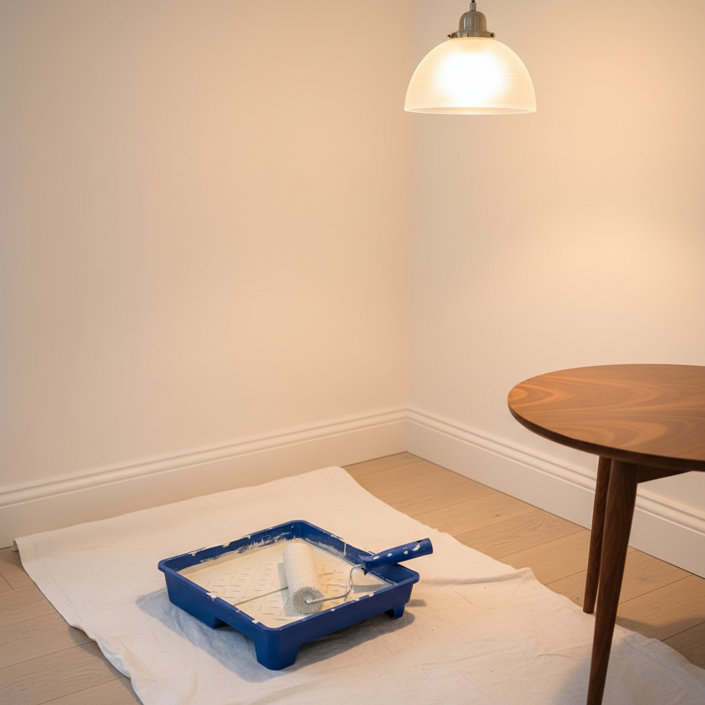 A well-lit, freshly painted hallway in a UK home, featuring smooth, flawless walls in a modern, warm white satin finish. A high-quality paint roller tray sits on a spotless dust sheet, with a roller resting neatly on its ridged surface, bristles uniformly coated in paint, no drips or splatter. Nearby, a small side table with a newly polished wooden surface gleams under the light, the grain rich and defined. Overhead, a warm pendant light casts soft, even illumination, creating gentle reflections on the polished wood and subtle shadows along the skirting boards. Photographic realism with a slightly elevated angle, the composition balanced and uncluttered. The mood is refined, meticulous, and trustworthy, highlighting painting and furniture polishing services.