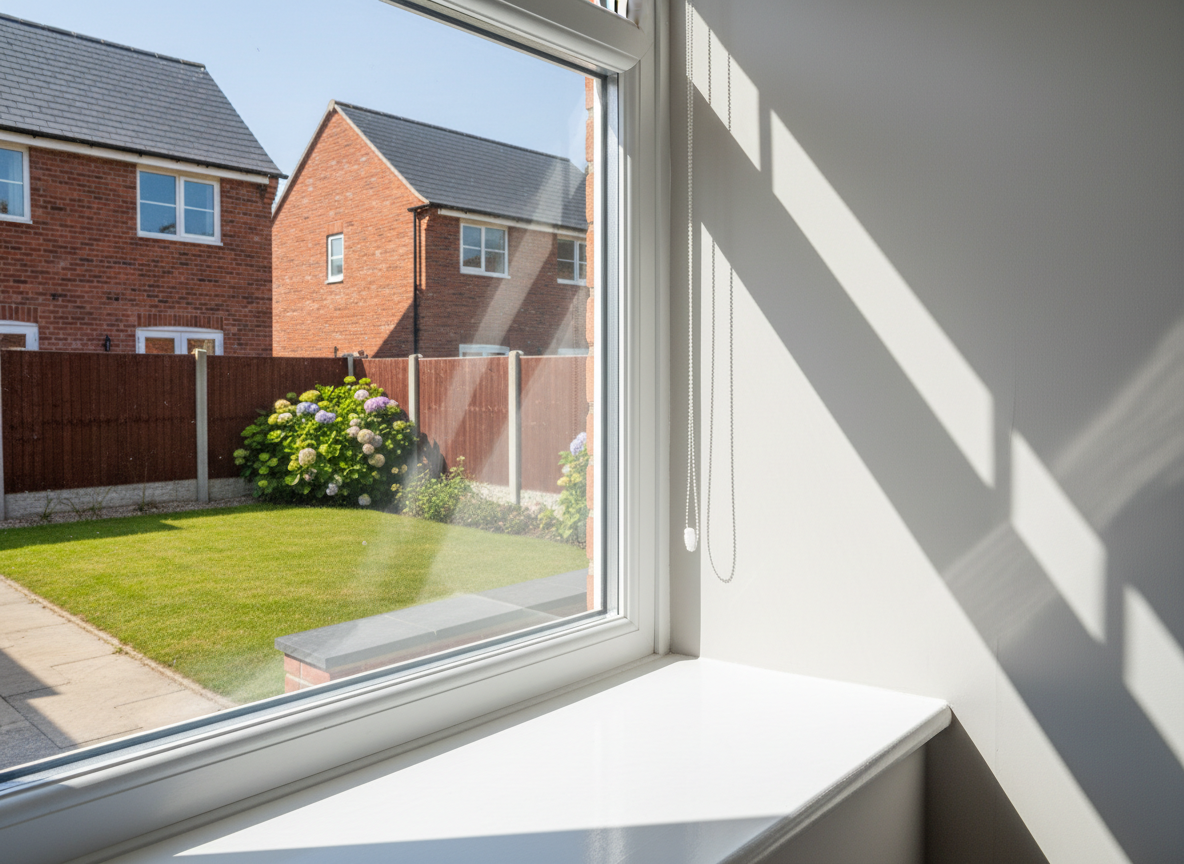A bright, photographic shot of a large residential window, perfectly cleaned so the glass is nearly invisible, framed by pristine white uPVC. Outside, a neat UK garden and brick houses appear in crisp detail, while the interior windowsill is spotless and uncluttered. Sunlight streams through the glass, casting clean, defined beams and soft shadows on a freshly wiped, matte-painted wall. Tiny water droplets glisten on the outer edge of the frame, suggesting recent window cleaning. Captured from a slightly upward angle, the composition follows the rule of thirds, with razor-sharp focus on the glass and frame. The mood is fresh, airy, and professional, reinforcing the effectiveness of dedicated window cleaning services.