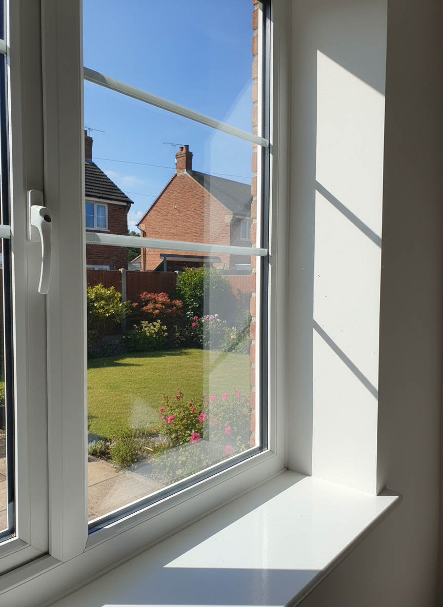 A bright, photographic shot of a large residential window, perfectly cleaned so the glass is nearly invisible, framed by pristine white uPVC. Outside, a neat UK garden and brick houses appear in crisp detail, while the interior windowsill is spotless and uncluttered. Sunlight streams through the glass, casting clean, defined beams and soft shadows on a freshly wiped, matte-painted wall. Tiny water droplets glisten on the outer edge of the frame, suggesting recent window cleaning. Captured from a slightly upward angle, the composition follows the rule of thirds, with razor-sharp focus on the glass and frame. The mood is fresh, airy, and professional, reinforcing the effectiveness of dedicated window cleaning services.