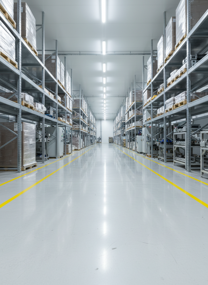 An industrial warehouse corridor with a polished, freshly scrubbed concrete floor that reflects overhead strip lights in soft, elongated streaks. Yellow safety lines are crisp and bright against the grey, with no dust or debris in sight. Along the walls, spotless metal shelving and clean, well-maintained machinery create a sense of order and compliance. Cool white LED lighting runs the length of the ceiling, producing consistent, shadow-free illumination that highlights the cleanliness of every surface. Shot from a low, central perspective down the corridor, using deep focus to show the space receding into the distance. The mood is clinical, professional, and efficient, illustrating high-standard industrial hygiene and maintenance.
